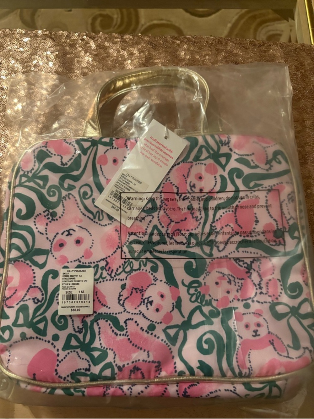 NWT Lilly Pulitzer Constance Cosmetic Case in pink Quartz Panda n Bows msrp $88 - Picture 5 of 12